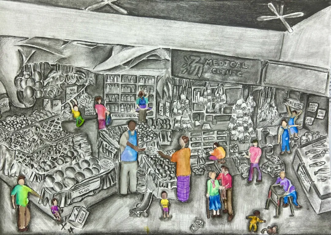 Market scene drawn in greyscale with the people painted in colour
