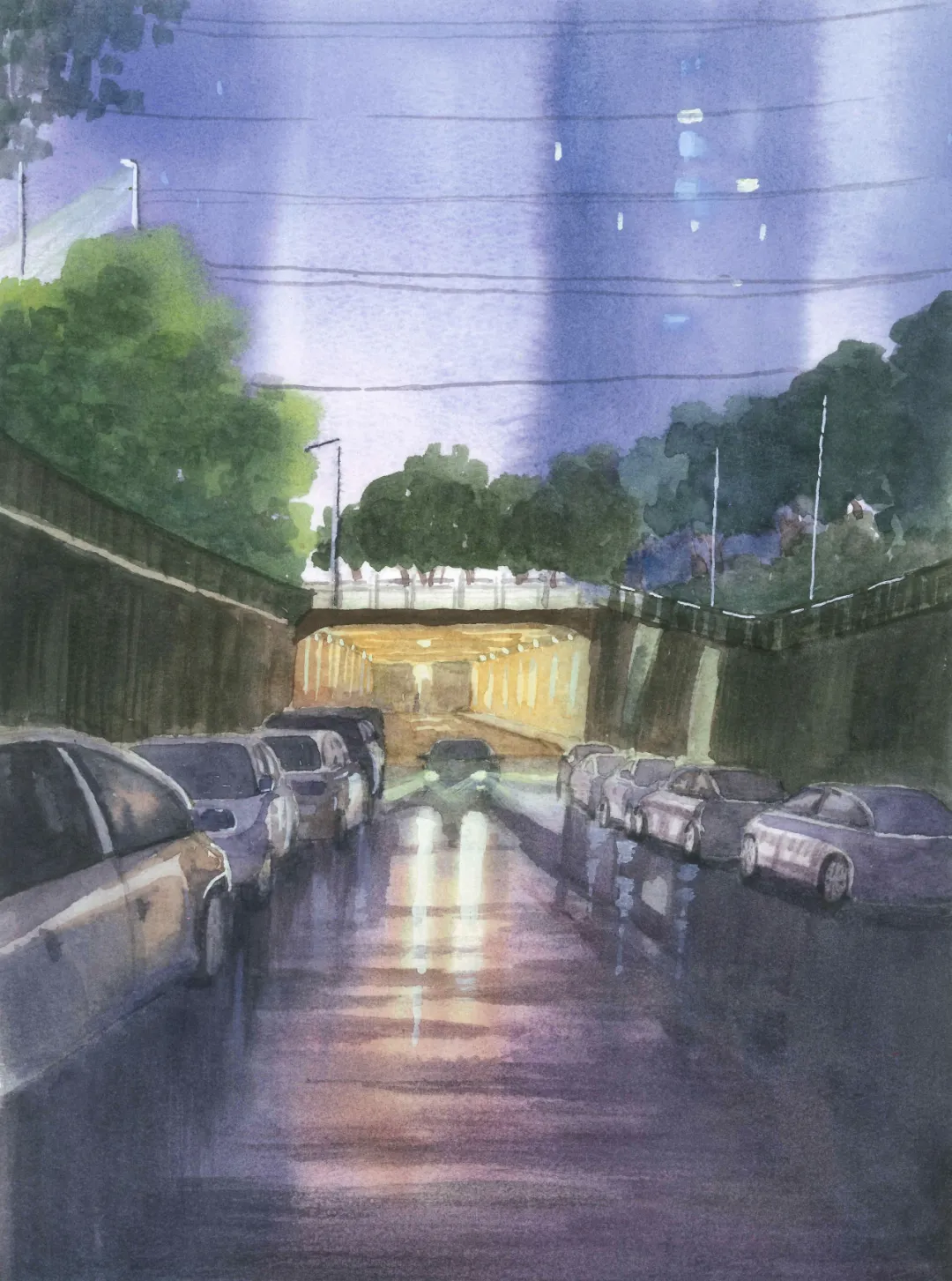 雨后的城市夜景 (Night View of the City After Rain) by 蒙立钊, a quiet rain-washed cityscape with blurred high-rises and colorful reflections, submitted by 南宁辣椒艺术