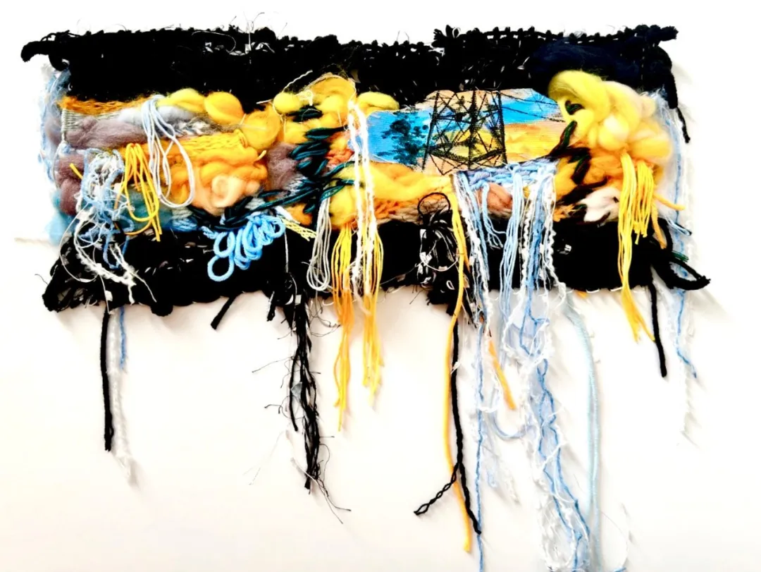 Close-up detail of Sunset by 陈思睿, showing the woven yarn and fiber texture of the mixed-media artwork
