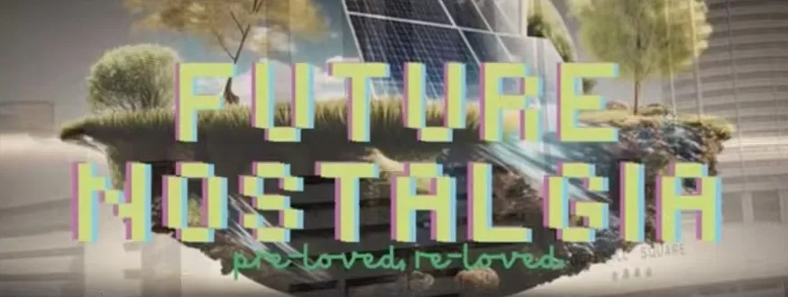 Future Nostalgia, Pre-loved Re-loved theme graphic featuring a floating island with solar panels and greenery
