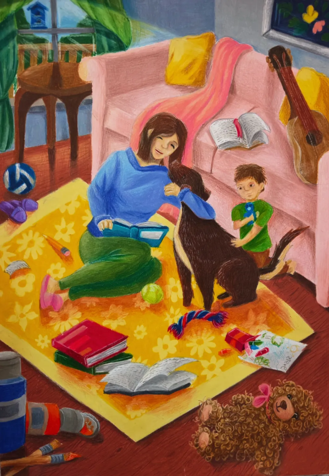 Playing Together by Alice Yue Xie, a bright, colorful scene of a girl reading with her dog and little brother, submitted by HE ART STUDIO USA