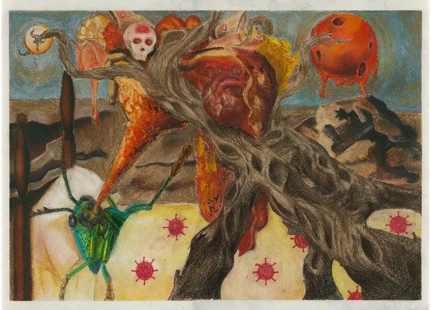 疼痛 (Pain) by 孙见渔, a surrealist artwork exploring how emotional and physical pain intertwine in human experience, submitted by 武汉康礼高级中学
