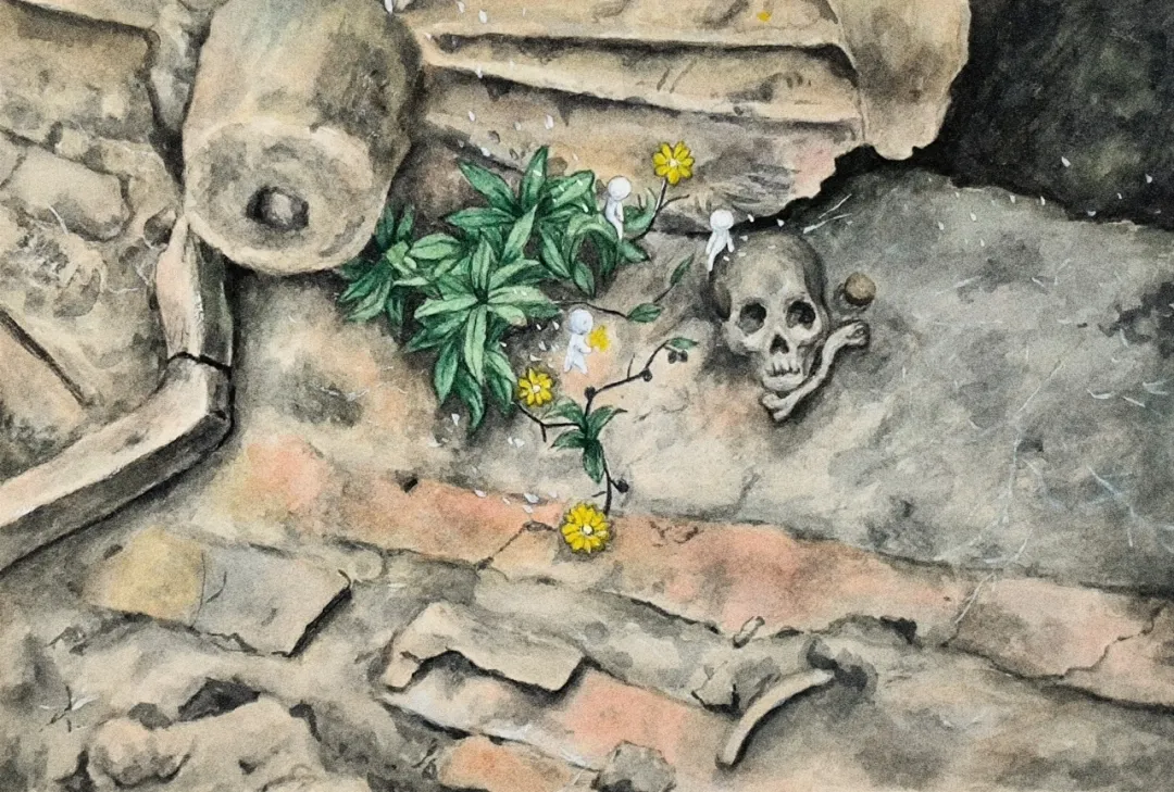 Between Decay and Vitality by Yujuan Chen, an artwork juxtaposing a weathered skull with blooming plants and small white figures, submitted by 糖果兔艺术工作室