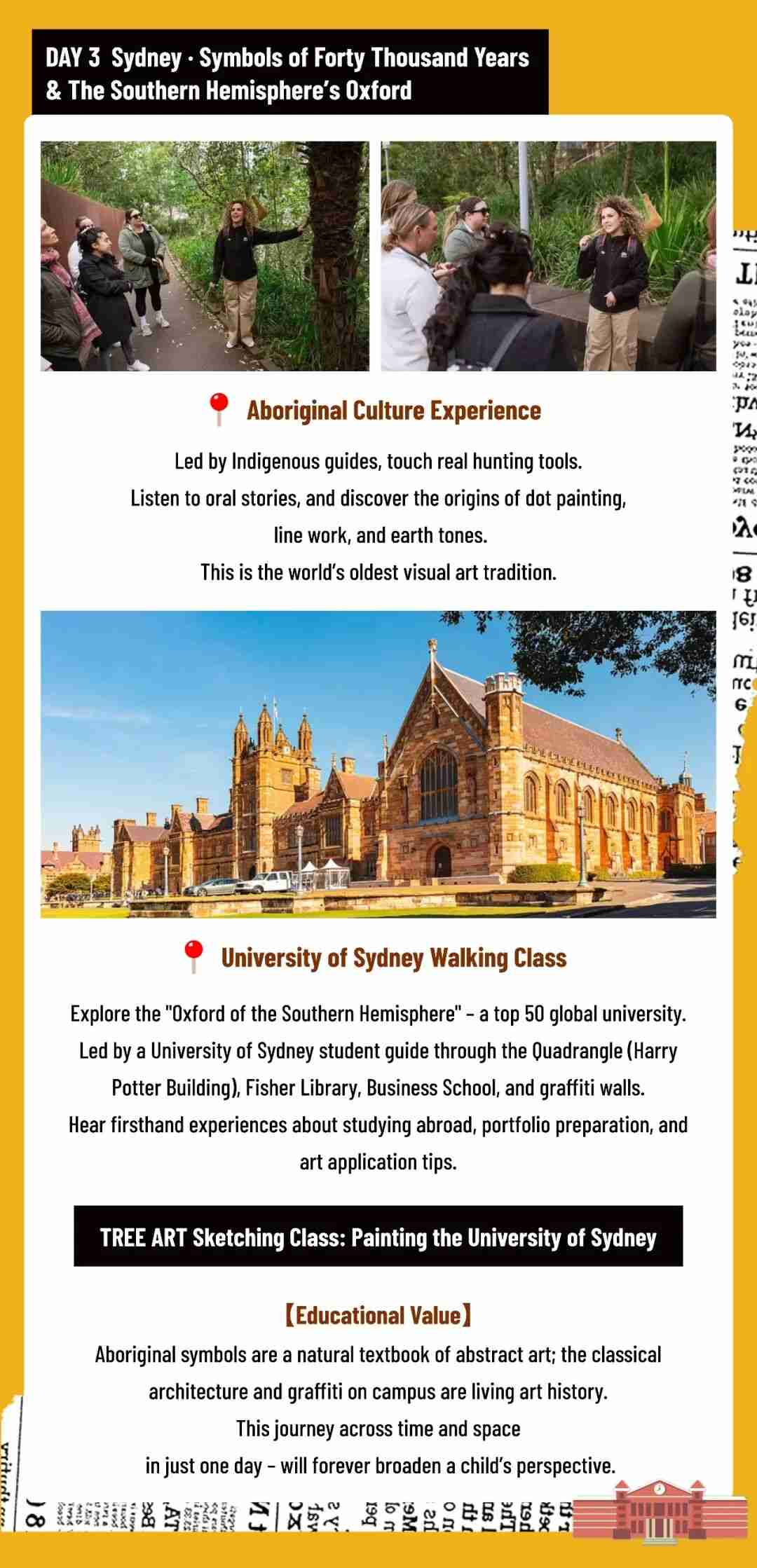 Day 3 itinerary panel: an Aboriginal culture experience led by an Indigenous guide and a walking tour of the University of Sydney campus, including the Quadrangle and Fisher Library