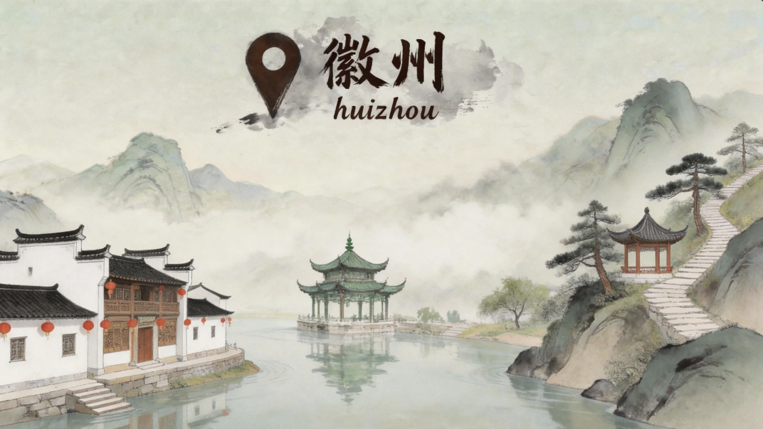 Illustrated map banner of Huizhou showing traditional white-walled houses, a riverside pavilion and misty mountains