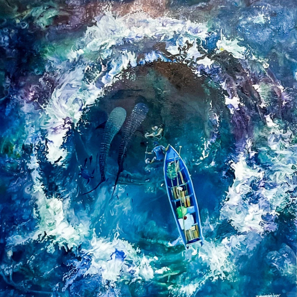 Painting of a small boat and swimmers seen from above amid swirling blue ocean waves with a whale shark below