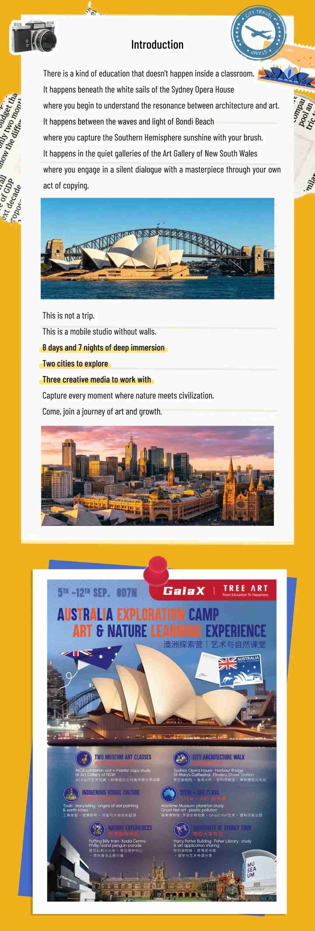 Introduction panel with the Sydney Opera House and Harbour Bridge, the Melbourne skyline at dusk, and a GaiaX x TreeArt Australia Exploration Camp poster listing museum, architecture, and nature activities