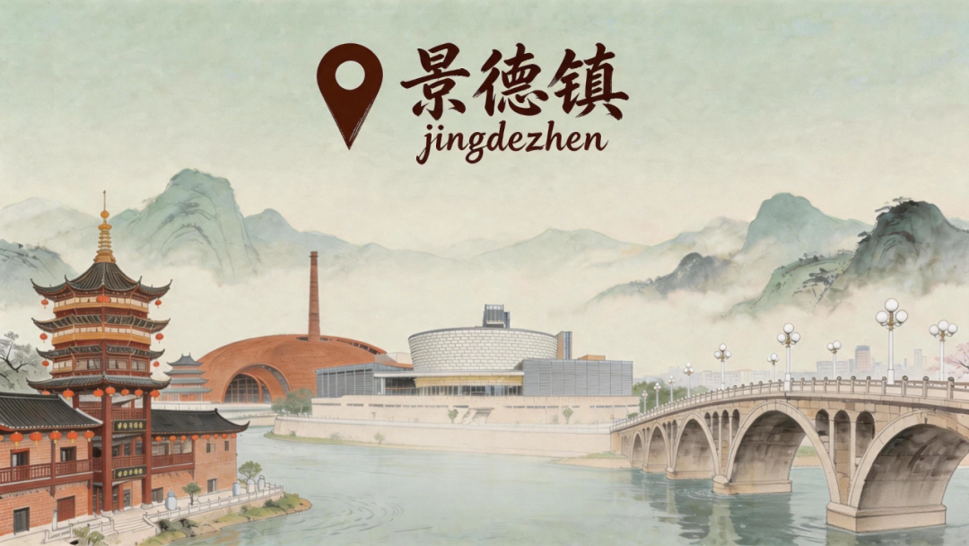 Illustrated map banner of Jingdezhen showing its pagoda, kiln-shaped museum building, river bridge and mountains