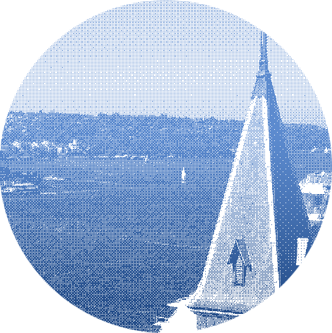 Circular blue halftone photo of a coastal skyline and hills across the water, styled like a travel stamp