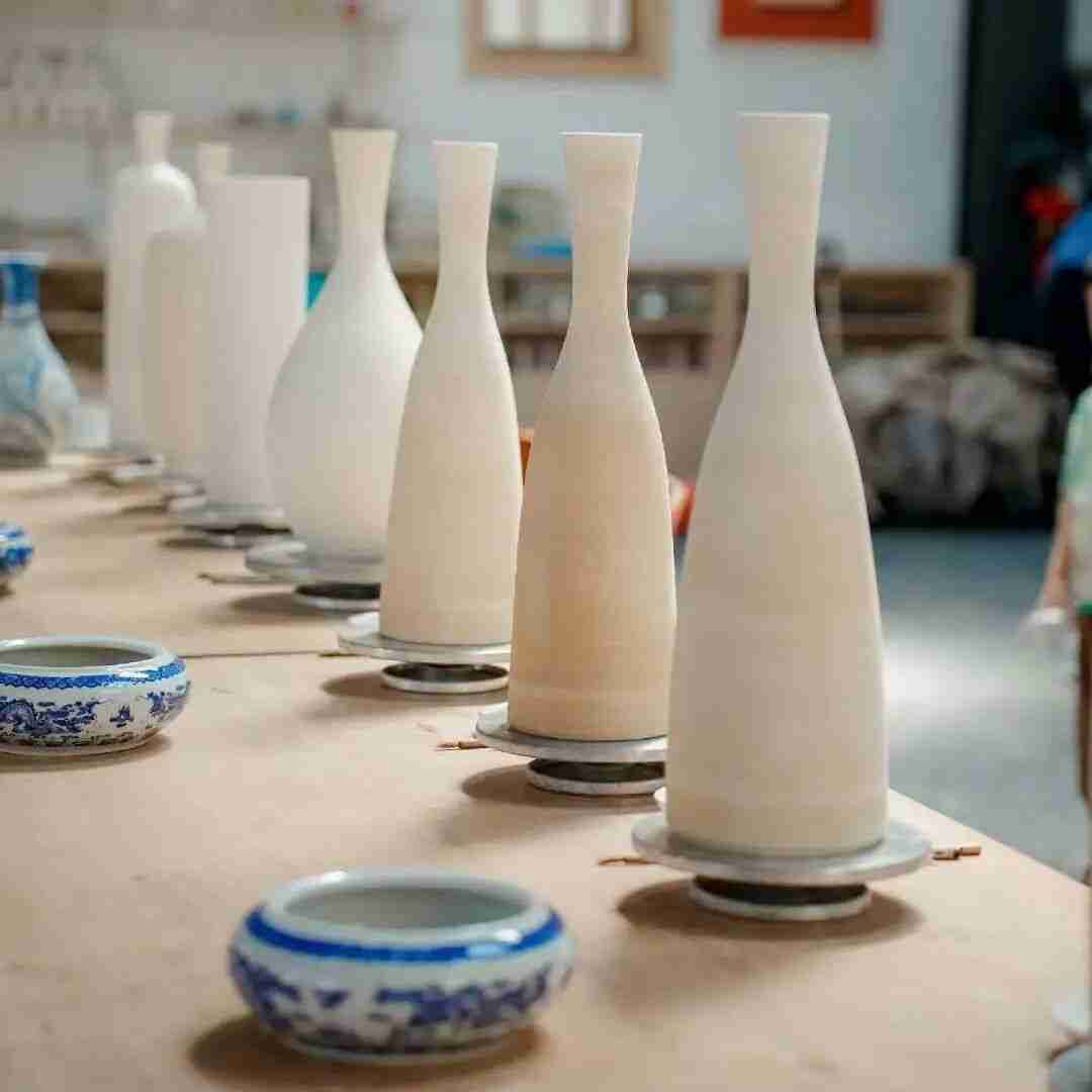Unfired porcelain vases lined up beside blue-and-white ware in a Jingdezhen workshop