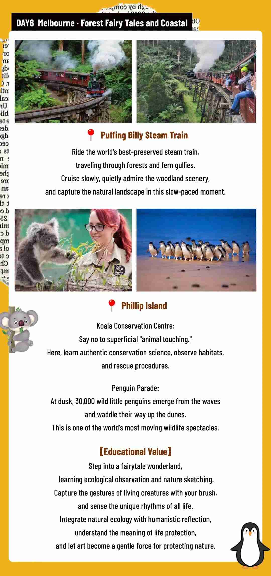 Day 6 itinerary panel: a ride on the Puffing Billy steam train through the forest and a Phillip Island visit to the Koala Conservation Centre and the Penguin Parade