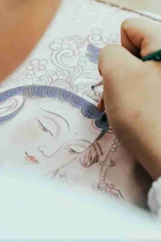 A finished student mural artwork in the Dunhuang style